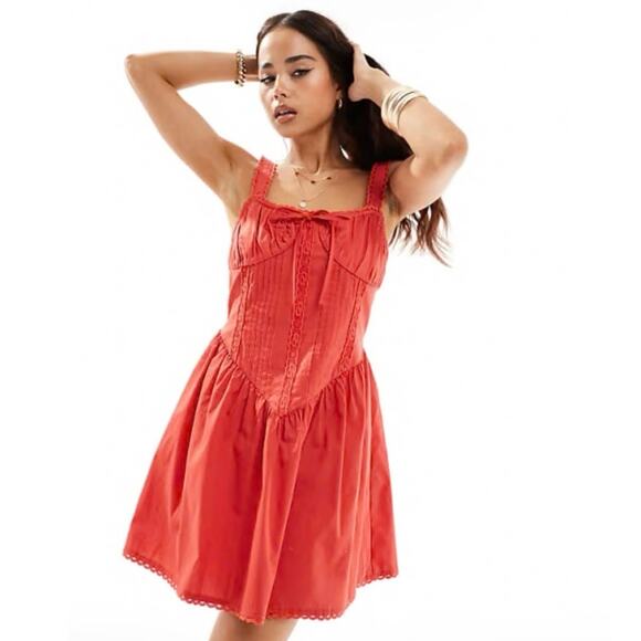 ASOS DESIGN corset bodice mini sundress with lace trim sz 12 - Picture 1 of 7